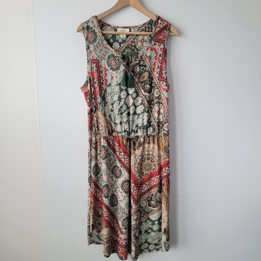 style & co women's sleeveless Patchwork dress sz L boho Retro casual tassels Tie